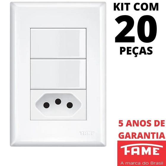 Imagem de 20un Interruptor Simples 2 Teclas 16A e Tomada Padrão 2P+T 20A Com Placa Evidence FAME