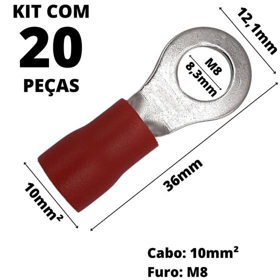 Imagem de 20un Terminal Olhal Pré-Isolado Vermelho 10mm² M8 RVS8-8