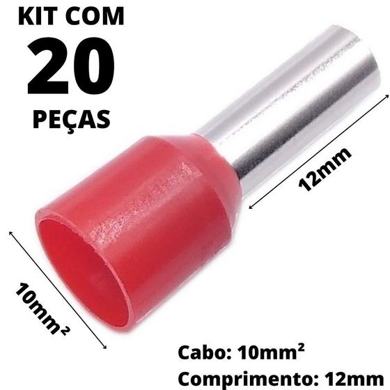 Imagem de 20un Terminal Tubular Ilhós Pré-isolado Simples Para Cabo de 10mm² Metal 12mm Vermelho E10-12