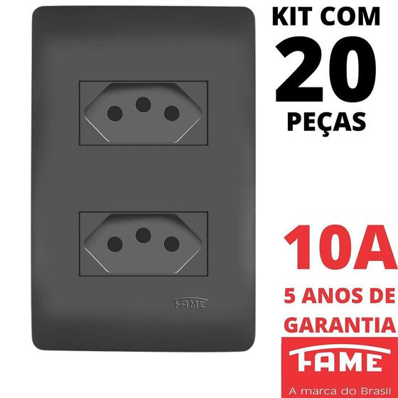 Imagem de 20un Tomada Padrão Dupla 2P+T 10A Com Placa Habitat Black FAME