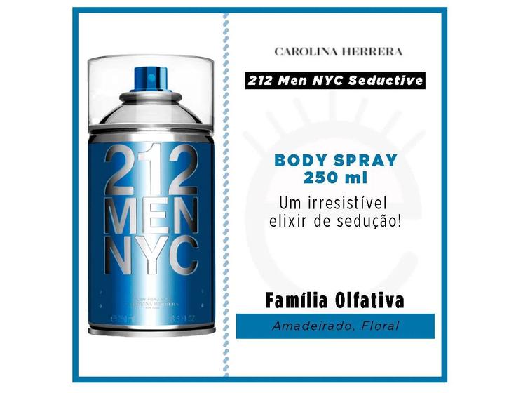 Frasco de Body Spray 212 Men NYC ao lado de uma ficha técnica descritiva