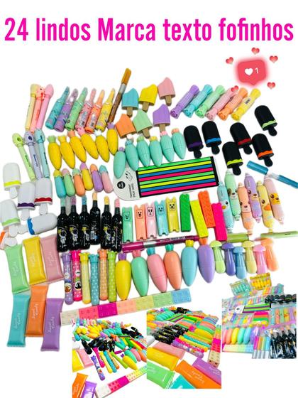 Imagem de 24 Canetas Marca Texto Kit Cores Kawaii Mini Estojo Fofo