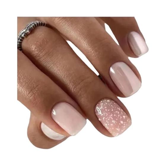 Imagem de 24 Unhas Curtas Decoradas com Pérolas e Glitter - Kit com Gel e Lixa