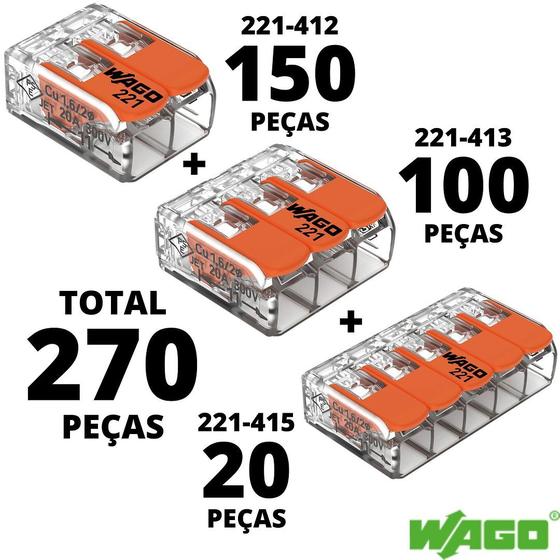 Imagem de 270un Conector Wago 221 Emenda Derivação 2, 3 e 5 vias 4mm² 32A/450V