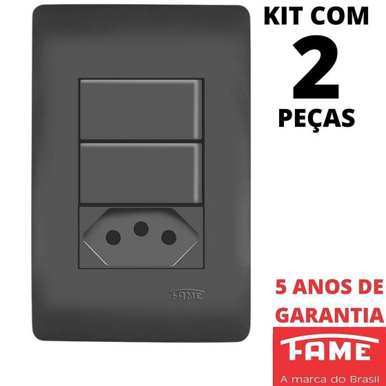 Imagem de 2un Interruptor Simples 2 Teclas 10A e Tomada Padrão 2P+T 10A Com Placa 4x2 Habitat Black FAME