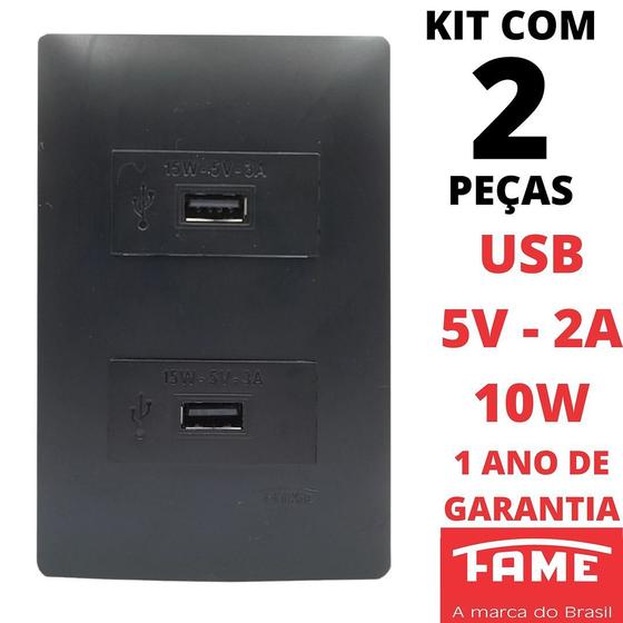 Imagem de 2un Tomada Dupla USB Bivolt 15W 5V 3A Com Placa Habitat Black FAME