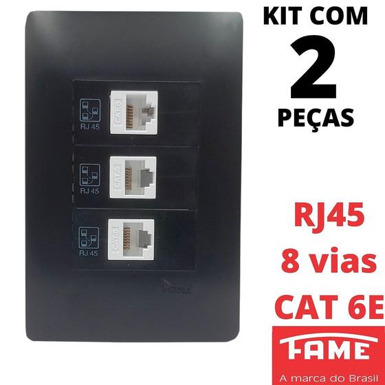 Imagem de 2un Tomada Rede RJ45 CAT 6E 8 Vias Tripla Com Placa Habitat Black FAME