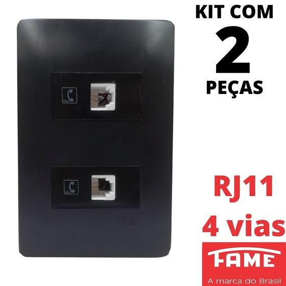 Imagem de 2un Tomada Telefone RJ11 4 Vias Dupla Com Placa Habitat Black FAME