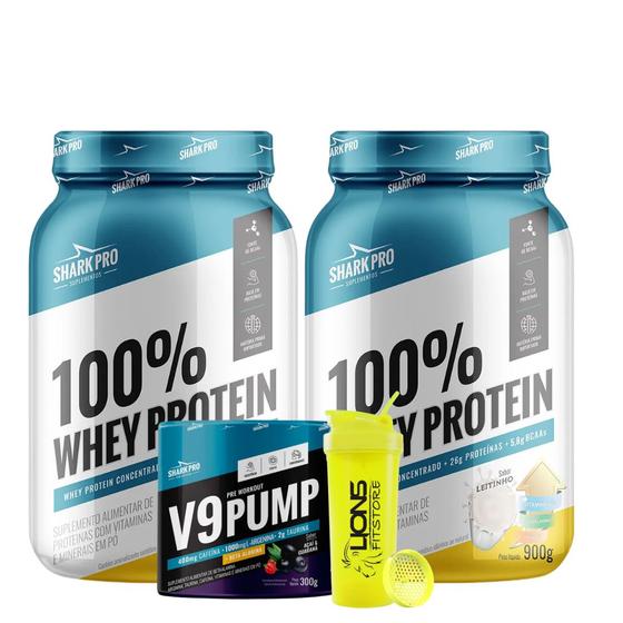 Imagem de 2x 100% Whey Protein Shark Pro (900g)+V9 Pump Shark Pro 300g(LIMÃO)+COQUETELEIRA 700 ML