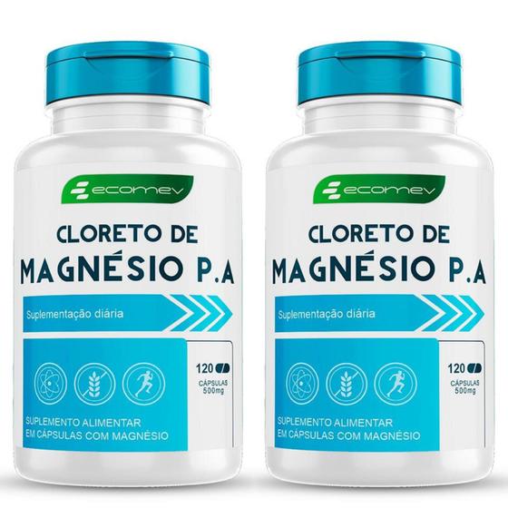 Imagem de 2x Cloreto de Magnesio PA  500mg Puro Importado 240Cáps Desempenho fisico 4 Meses Ecomev