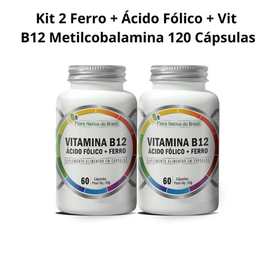 Imagem de 2x Ferro + Ácido Fólico + Vitamina B12 Metilcobalamina 100% Puro 120 Cápsulas Flora Nativa