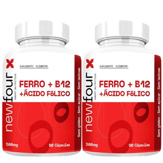 Imagem de 2x Ferro + Vitamina B12 + Ácido Folico 120 Cápsulas 500mg - New Four