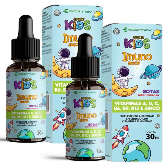 Imagem de 2x Imuno Kids  Vit B6 B9 B12 A D C Zinco Em Gotas Morango 30ml Ecomev