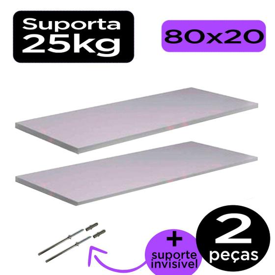 Imagem de 2x prateleira mdf madeira com suporte invisível 80x20 2 Prateleiras Branca Dicarlo