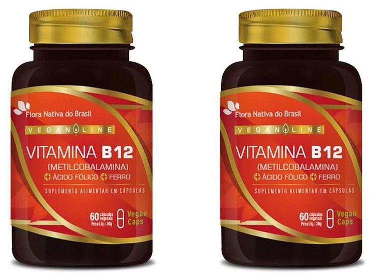Imagem de 2x Vegan Vitamina B12 Metilcobalamina + Ferro + Ácido Fólico 60Caps - Flora Nativa do Brasil
