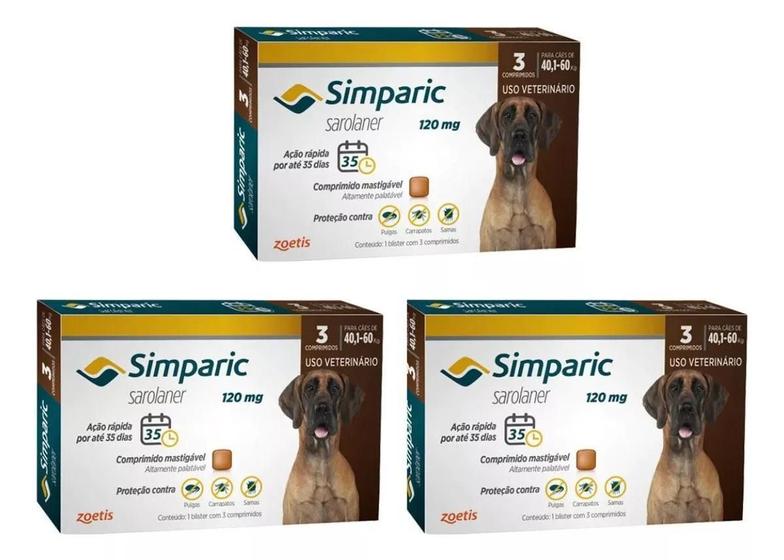 Imagem de 3 Antipulgas E Carrapatos Simparic 120Mg Cães 40,1 A 60Kg