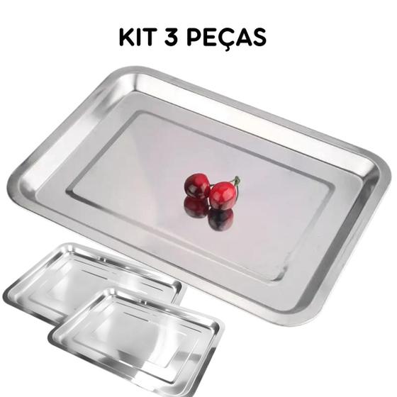 Imagem de 3 Bandejas Inox Rasa Retangular 30 X 40 Servir - Kit 3 Peças