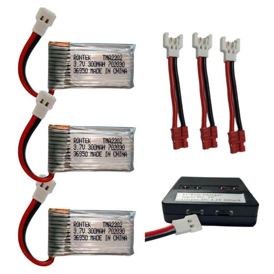 Imagem de 3 Bateria P/ Drone 300mah 3.7v 1s 25c C/ Adapt Syma+Carg 4x1