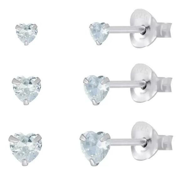 Imagem de 3 Brinco Prata 925 Pedra Zirconia Coração Trio Tri80