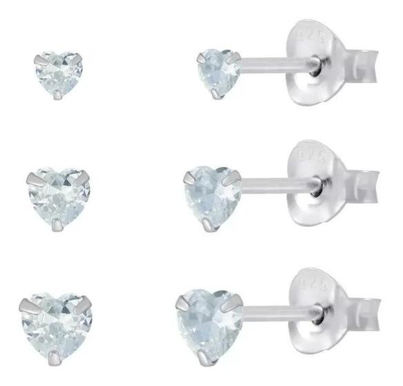 Imagem de 3 Brinco Prata 925 Pedra Zirconia Coração Trio Tri80