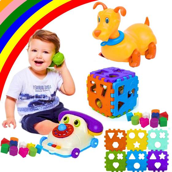 Imagem de 3 Brinquedos Educacionais Cachorro Cubo Telefone Didático Aprender Falar