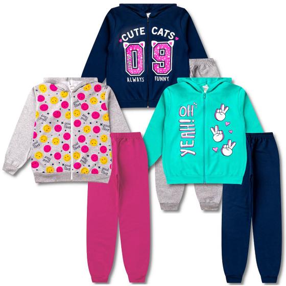 Imagem de 3 Conjuntos Moletom Infantil Feminino Roupa Menina Inverno 6 Peças - 3 Jaquetas e 3 Calças