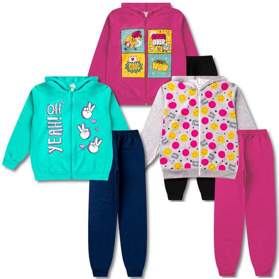 Imagem de 3 Conjuntos Moletom Infantil Feminino Roupa Menina Inverno 6 Peças - 3 Jaquetas e 3 Calças