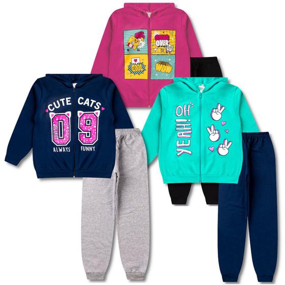 Imagem de 3 Conjuntos Moletom Infantil Feminino Roupa Menina Inverno 6 Peças - 3 Jaquetas e 3 Calças