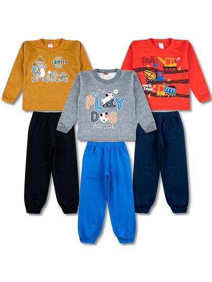 Imagem de 3 Conjuntos Moletom Infantil Masculino Roupa de Inverno Menino 6 Peças - 3 Blusas e 3 Calças