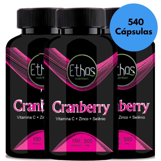 Imagem de 3 Cranberry 500mg 540 Cápsulas Vitamina C + Zinco + Selênio Ethos Nutrition