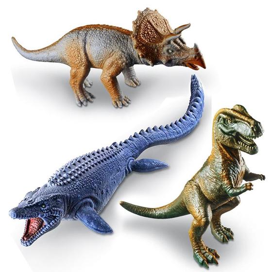 Imagem de 3 Dinossauros Em Vinil Mosassauro Triceratops Rex Brinquedo