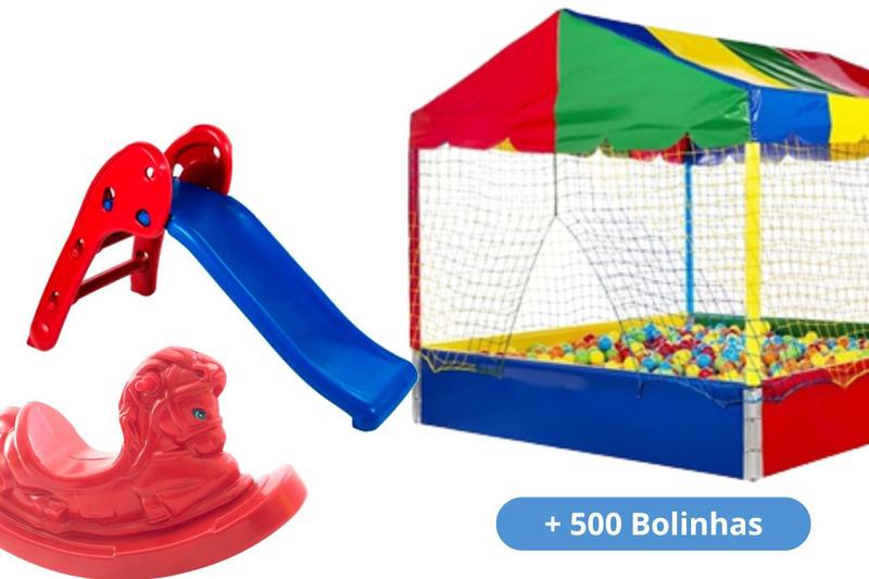 Imagem de 3 em 1 KIT Piscina de Bolinha 1,0M + 500 bolinhas COLORIDAS + Escorregador baby + Gangorra Cavalinho Brinquedo Infantil  Playground