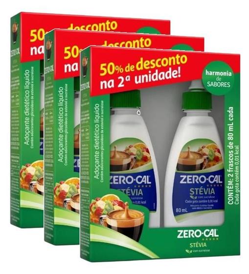 Imagem de 3 Kit 2 Adoçante Líquido Zero Cal Stévia 2 X 80ml