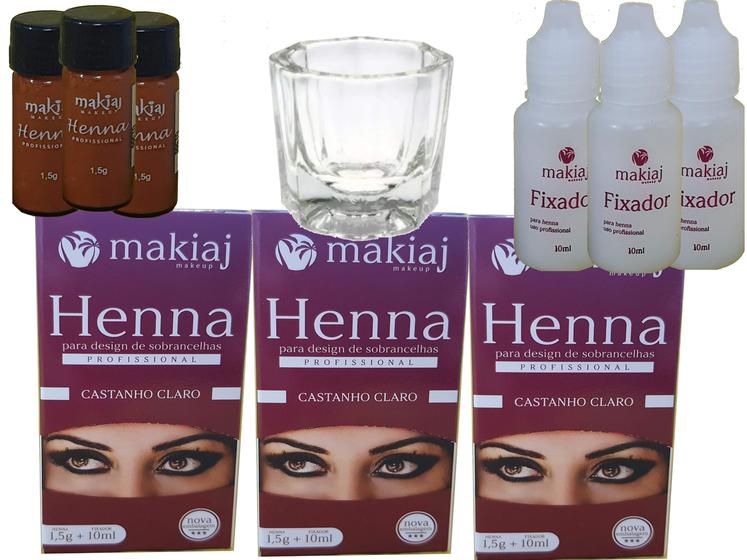 Imagem de 3 Kits de Henna para Sobrancelhas Makiaj Makeup 1,5g Henna e 10ml fixador + 1 Copo Dappen Combo