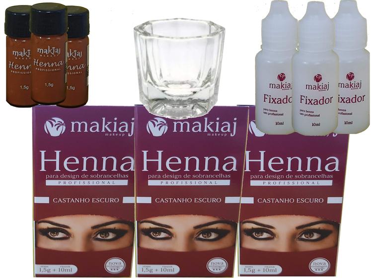 Imagem de 3 Kits Rena Henna Design Sobrancelhas Makiaj Makeup 1,5g Henna pó 10ml fixador + 1 Copo Dappen 10ml