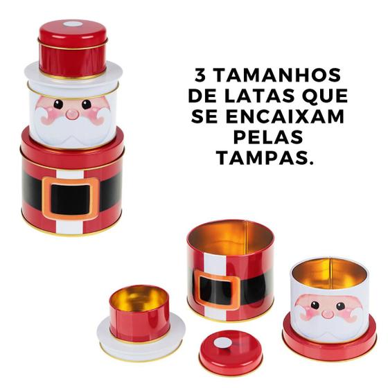 Imagem de 3 Latas Decorativas Papai Noel Empilhável Decoração Presente