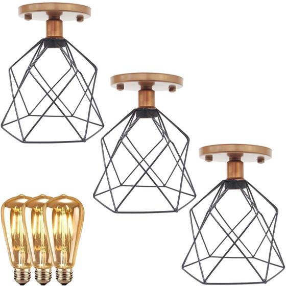 Imagem de 3 Lustre Teto Plafon + 3 Lâmpada Led Industrial Aramado Cálice Preto Retrô Vintage Cobre Rose Gold