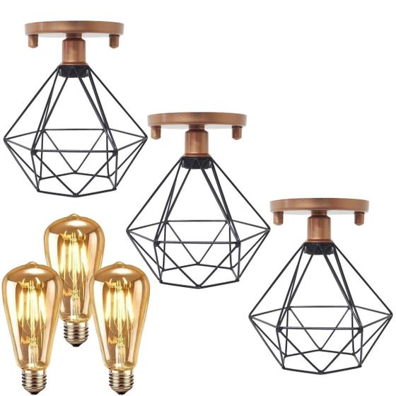 Imagem de 3 Lustre Teto Plafon + 3 Lâmpada Led Industrial Aramado Diamante Preto Retrô Vintage Cobre Rose Gold