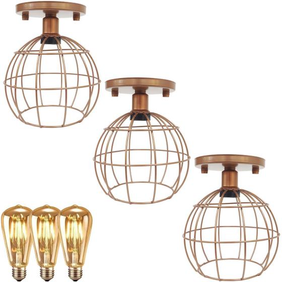 Imagem de 3 Lustre Teto Plafon + 3 Lâmpada Led St64 Industrial Aramado Globo Retrô Vintage Cobre Rose Gold