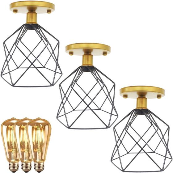 Imagem de 3 Lustres Teto Plafon + 3 Lâmpadas Led St64 Industrial Aramado Cálice Preto Retrô Vintage Dourado