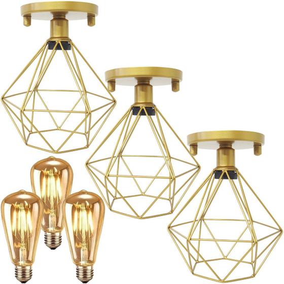 Imagem de 3 Lustres Teto Plafon + 3 Lâmpadas Led St64 Industrial Aramado Diamante Retrô Vintage Dourado