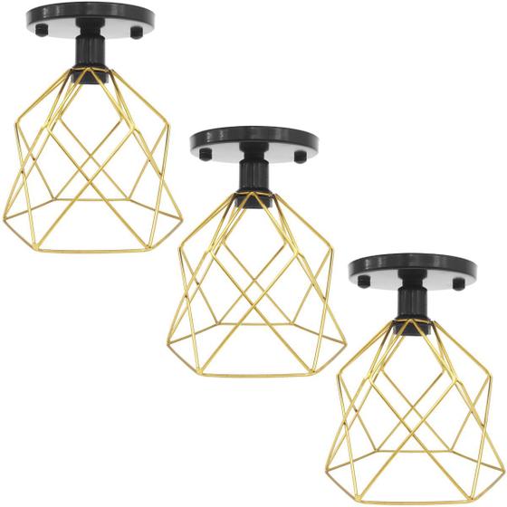 Imagem de 3 Lustres Teto Plafon Industrial Aramado Cálice Dourado Retrô Luminária Vintage Preto Agp Ilumini