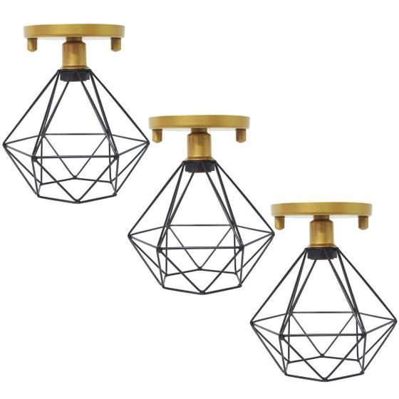 Imagem de 3 Lustres Teto Plafon Industrial Aramado Diamante Preto Retrô Luminária Vintage Dourado Agp Ilumini