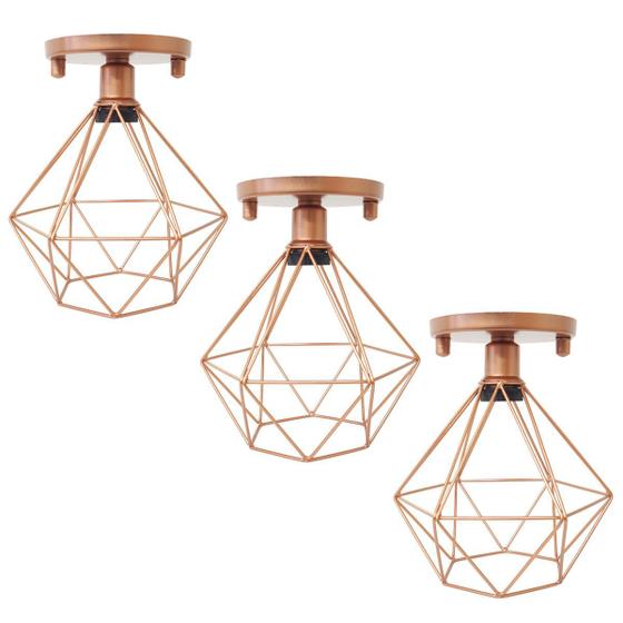 Imagem de 3 Lustres Teto Plafon Industrial Aramado Diamante Retrô Luminária Sobrepor Vintage Cobre Rose Gold