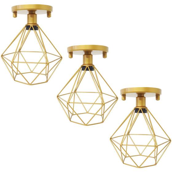 Imagem de 3 Lustres Teto Plafon Industrial Aramado Diamante Retrô Luminária Sobrepor Vintage Dourado