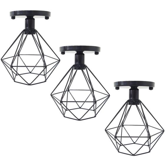 Imagem de 3 Lustres Teto Plafon Industrial Aramado Diamante Retrô Luminária Sobrepor Vintage Preto