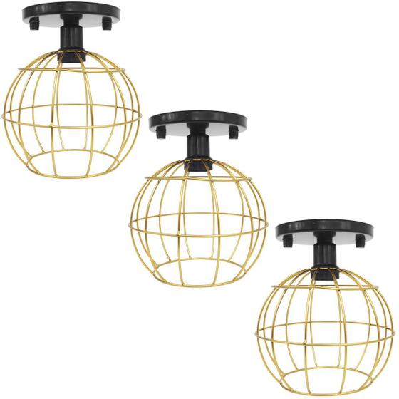 Imagem de 3 Lustres Teto Plafon Industrial Aramado Globo Dourado Retrô Luminária Vintage Preto Agp Ilumini