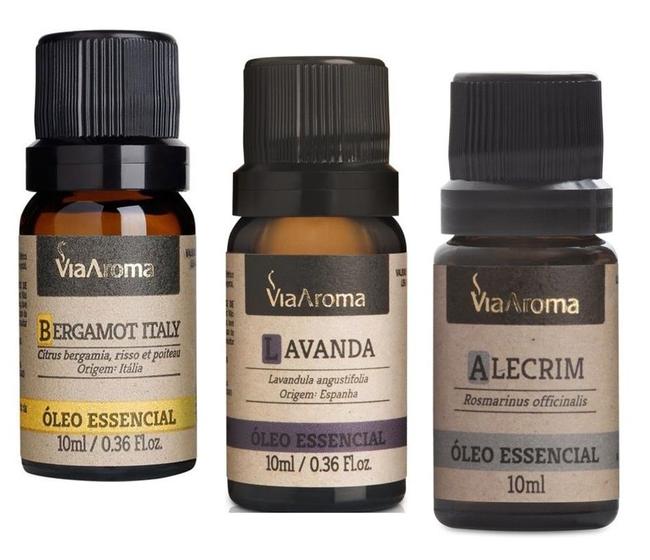 Imagem de 3 Oleo Essencial 100% Natural Via Aroma 10ml - Bergamot Italy - Lavanda - Alecrim