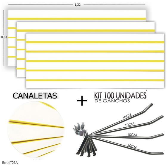 Imagem de 3 Paineis Canaletados - 1,22 X 0,61 + 100 Ganchos 10CM + Canaleta Amarela