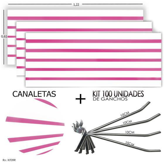 Imagem de 3 Paineis Canaletados -1,22 x 0,61 + 100 Ganchos 10cm + Canaleta Rosa